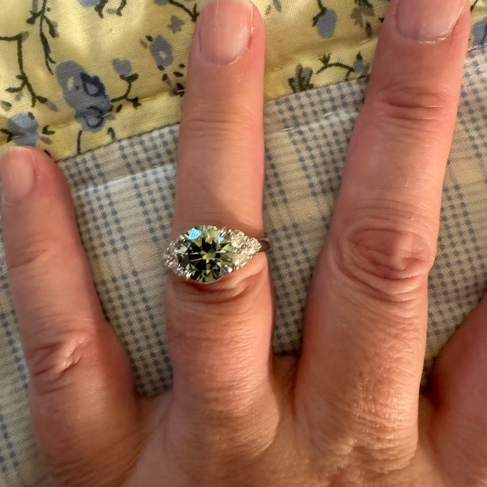Silver Ring with Green-Blue Moissanite Stone and Side Diamonds - Picture 7 of 7